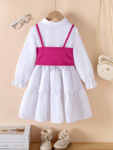 2pcs Young Girl Girls Casual Solid Color Lapel Long Sleeve Dress + Fashion Beaded Suspender Top Set