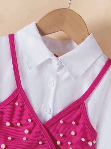 2pcs Young Girl Girls Casual Solid Color Lapel Long Sleeve Dress + Fashion Beaded Suspender Top Set