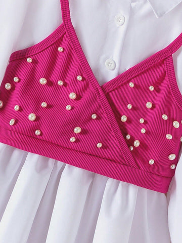 2pcs Young Girl Girls Casual Solid Color Lapel Long Sleeve Dress + Fashion Beaded Suspender Top Set