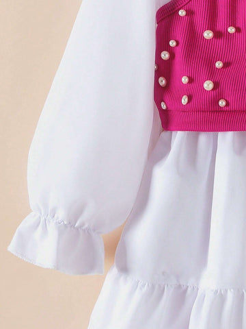 2pcs Young Girl Girls Casual Solid Color Lapel Long Sleeve Dress + Fashion Beaded Suspender Top Set
