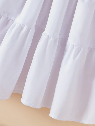 2pcs Young Girl Girls Casual Solid Color Lapel Long Sleeve Dress + Fashion Beaded Suspender Top Set