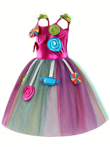 2pcs Young Girl Halloween Party Costume Halloween "Trick-Or-Treat", Sweet And Cute Candy Dress