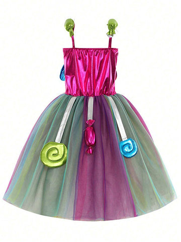 2pcs Young Girl Halloween Party Costume Halloween "Trick-Or-Treat", Sweet And Cute Candy Dress
