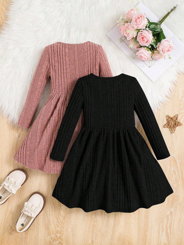 2pcs Young Girl Knitted Solid Color Crew Neck Fitted Casual Dress Set