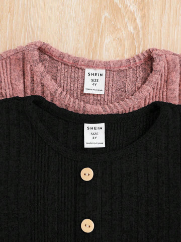 2pcs Young Girl Knitted Solid Color Crew Neck Fitted Casual Dress Set