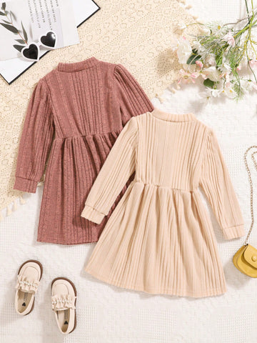 2pcs Young Girl Set: New Autumn Winter Knitted Casual Stylish Dress, Embroidered Smile Daisy Design, High-Quality Textured Material, Suitable For Autumn/Winter