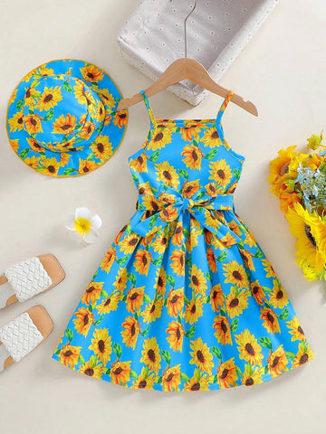 2pcs Young Girl Sunflower & Hawaiian Holiday Style Strap Dress