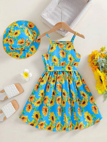 2pcs Young Girl Sunflower & Hawaiian Holiday Style Strap Dress