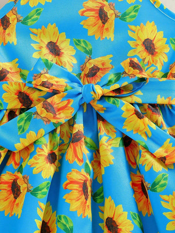 2pcs Young Girl Sunflower & Hawaiian Holiday Style Strap Dress