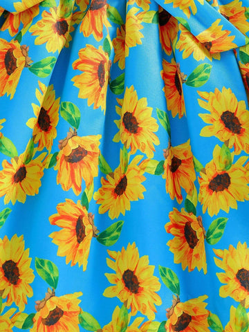 2pcs Young Girl Sunflower & Hawaiian Holiday Style Strap Dress