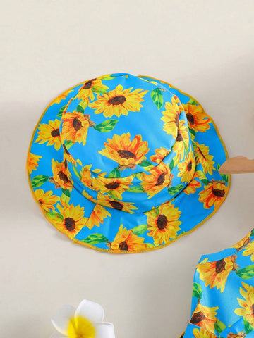 2pcs Young Girl Sunflower & Hawaiian Holiday Style Strap Dress