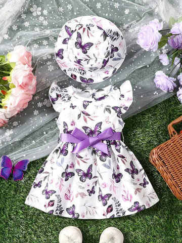 2pcs Young Girls' Butterfly Printed Dress With Flutter Sleeves And Hat