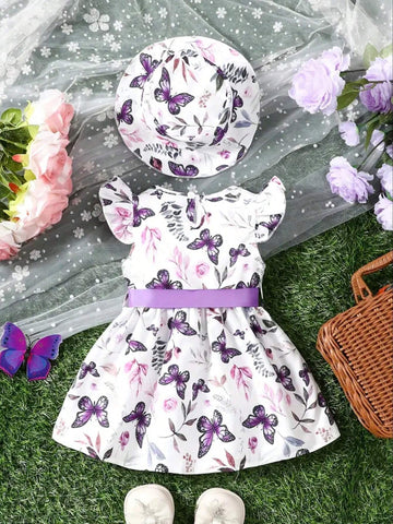 2pcs Young Girls' Butterfly Printed Dress With Flutter Sleeves And Hat