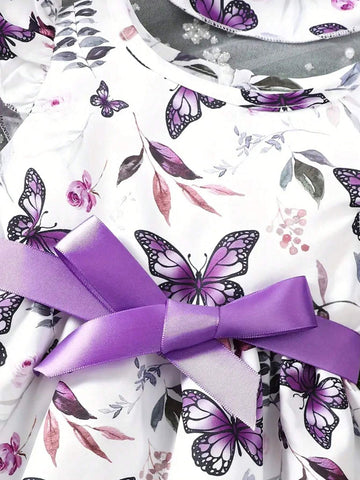 2pcs Young Girls' Butterfly Printed Dress With Flutter Sleeves And Hat