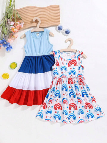2pcs Young Girls' Casual Cute Multicolor Rainbow Splice Vest Dress, Spring/Summer