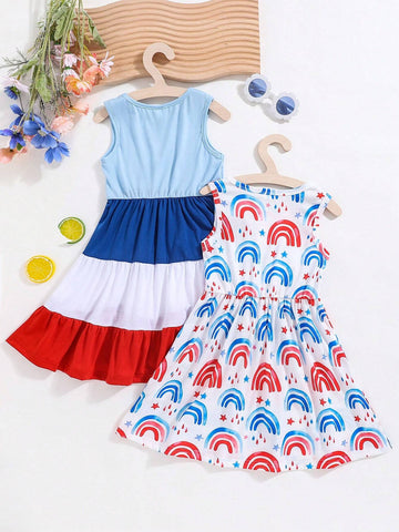 2pcs Young Girls' Casual Cute Multicolor Rainbow Splice Vest Dress, Spring/Summer