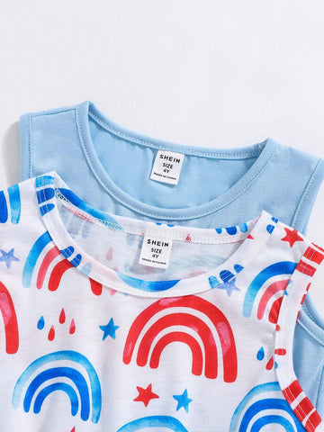 2pcs Young Girls' Casual Cute Multicolor Rainbow Splice Vest Dress, Spring/Summer
