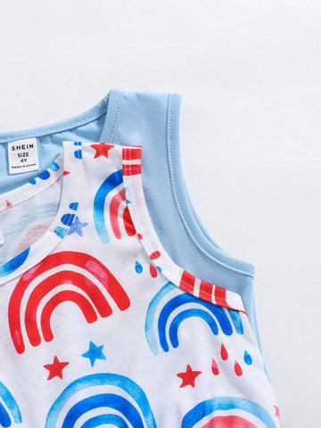 2pcs Young Girls' Casual Cute Multicolor Rainbow Splice Vest Dress, Spring/Summer