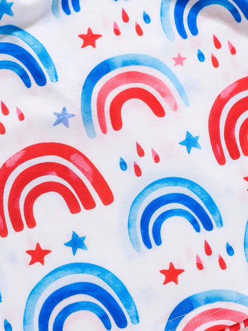 2pcs Young Girls' Casual Cute Multicolor Rainbow Splice Vest Dress, Spring/Summer