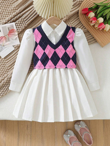 2pcs Young Girls Casual Pleated Long Sleeve Dress + Fashionable Plaid Vest Set