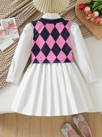 2pcs Young Girls Casual Pleated Long Sleeve Dress + Fashionable Plaid Vest Set