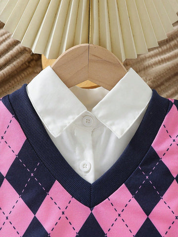 2pcs Young Girls Casual Pleated Long Sleeve Dress + Fashionable Plaid Vest Set