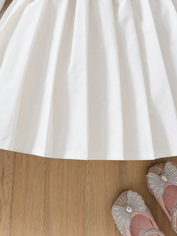 2pcs Young Girls Casual Pleated Long Sleeve Dress + Fashionable Plaid Vest Set