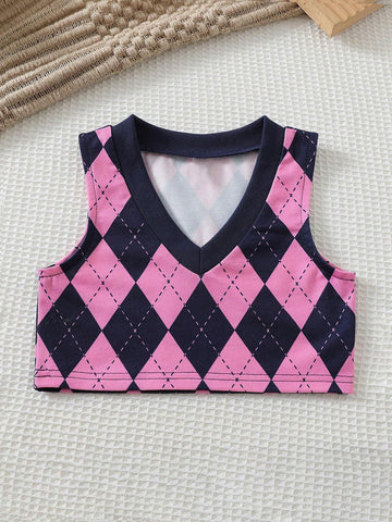 2pcs Young Girls Casual Pleated Long Sleeve Dress + Fashionable Plaid Vest Set