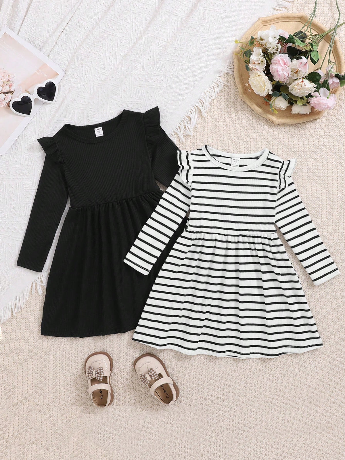 2pcs Young Girls Casual Ribbed & Solid Color Round Neck Cinched Waist Long Sleeve Dress Set