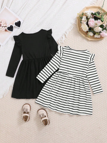 2pcs Young Girls Casual Ribbed & Solid Color Round Neck Cinched Waist Long Sleeve Dress Set