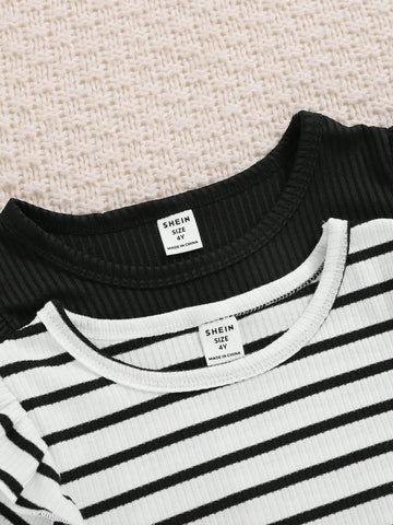 2pcs Young Girls Casual Ribbed & Solid Color Round Neck Cinched Waist Long Sleeve Dress Set