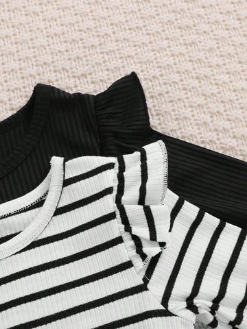 2pcs Young Girls Casual Ribbed & Solid Color Round Neck Cinched Waist Long Sleeve Dress Set