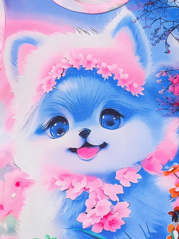 2pcs Young Girls' Cute Flower Cat Pattern Short Sleeve Tee With Faux Denim Print Pants Summer Set