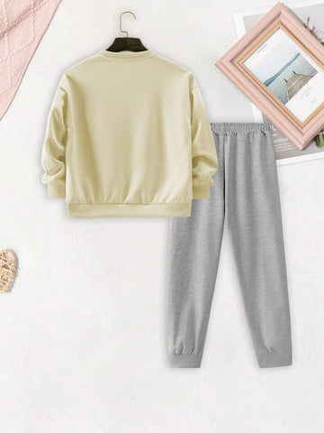 2pcs Young Girls Cute Printed Crewneck Sweatshirt + Casual Pants Fall/Winter Set