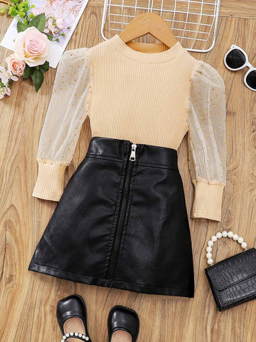 2pcs Young Girls' Elegant & Gentlemanly Classic Skirt Set, Featuring Soft Ribbed Knit Sweater With Metallic Mesh Sleeve Trim And High-End Zipper A-Line Pleated Leather Skirt, Fashionable Autumn/Winter Outfit