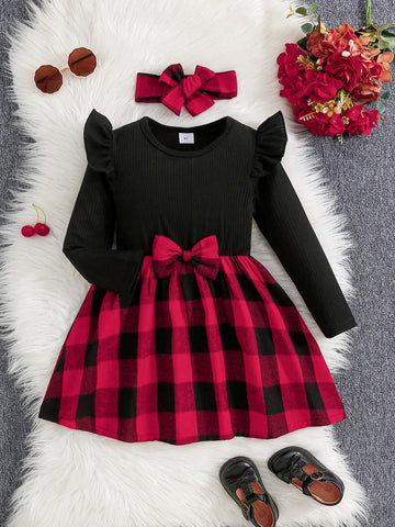 2pcs Young Girls Solid Stripe & Plaid Pattern Dress With Headband Set, Versatile School Style For Autumn/Winter