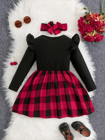 2pcs Young Girls Solid Stripe & Plaid Pattern Dress With Headband Set, Versatile School Style For Autumn/Winter