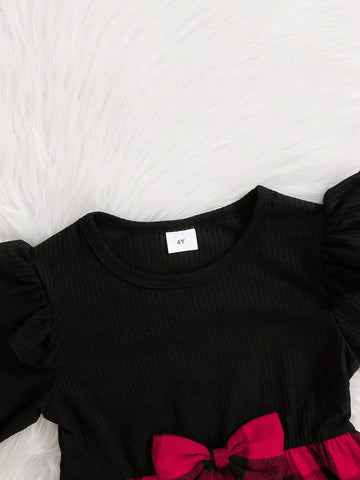 2pcs Young Girls Solid Stripe & Plaid Pattern Dress With Headband Set, Versatile School Style For Autumn/Winter