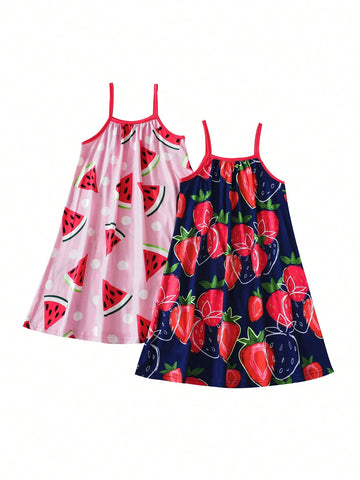 2pcs Young Girl's Summer Casual Watermelon & Strawberry Printed Cami Dress