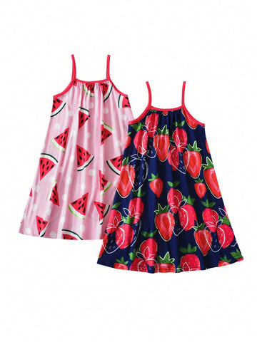 2pcs Young Girl's Summer Casual Watermelon & Strawberry Printed Cami Dress