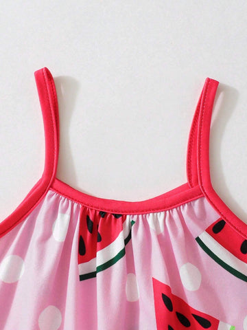 2pcs Young Girl's Summer Casual Watermelon & Strawberry Printed Cami Dress