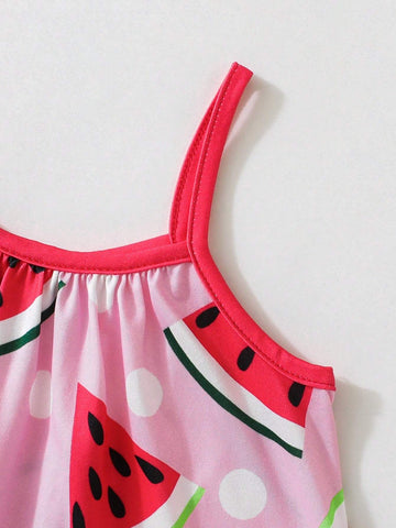 2pcs Young Girl's Summer Casual Watermelon & Strawberry Printed Cami Dress