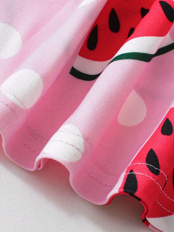 2pcs Young Girl's Summer Casual Watermelon & Strawberry Printed Cami Dress