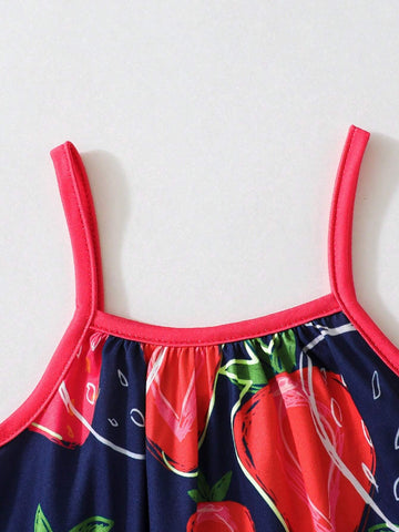 2pcs Young Girl's Summer Casual Watermelon & Strawberry Printed Cami Dress