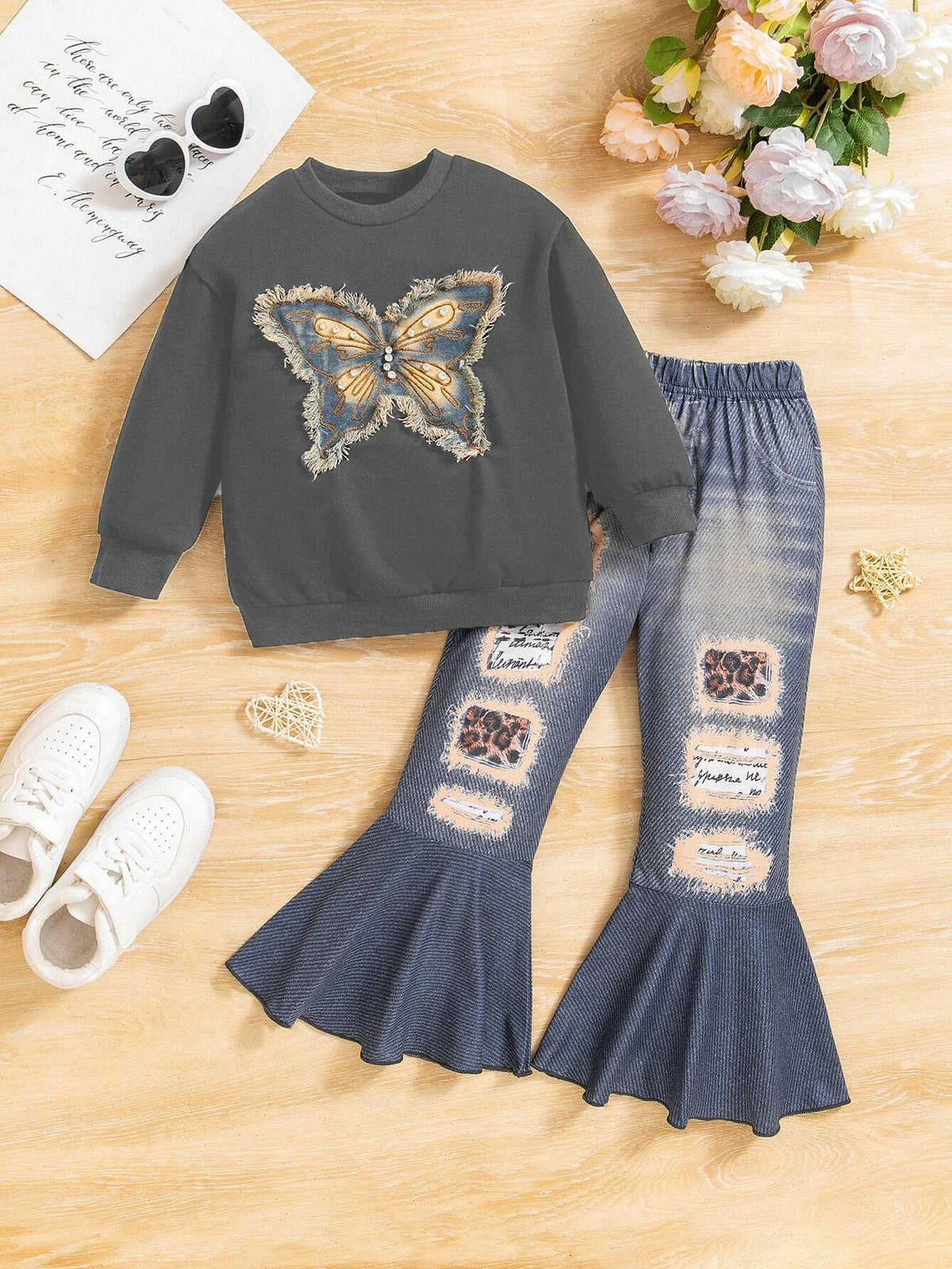 2pcs Young Girls Western Cowgirl Style Embroidered Butterfly Crew Neck Long Sleeve Sweatshirt + Denim Effect Leopard Print Flared Pants Set, Spring Autumn Winter