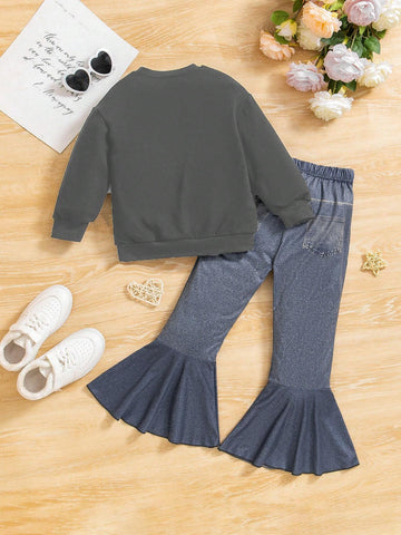 2pcs Young Girls Western Cowgirl Style Embroidered Butterfly Crew Neck Long Sleeve Sweatshirt + Denim Effect Leopard Print Flared Pants Set, Spring Autumn Winter