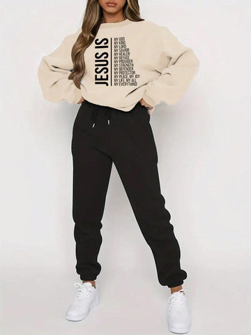 2pcs/set Casual Fashionable Sweater And Sweatpants With Text Pattern