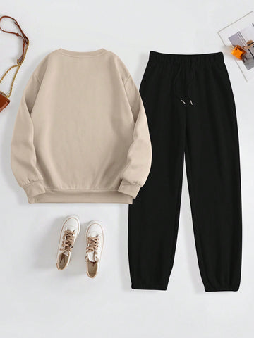 2pcs/set Casual Fashionable Sweater And Sweatpants With Text Pattern