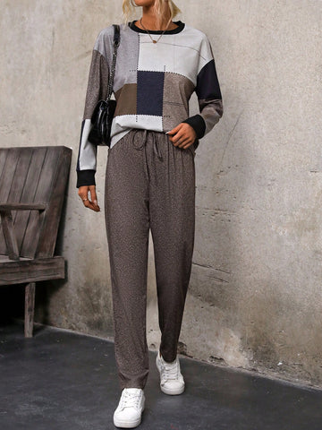 2pcs/set Drop Shoulder T-shirt And Long Pants Outfit