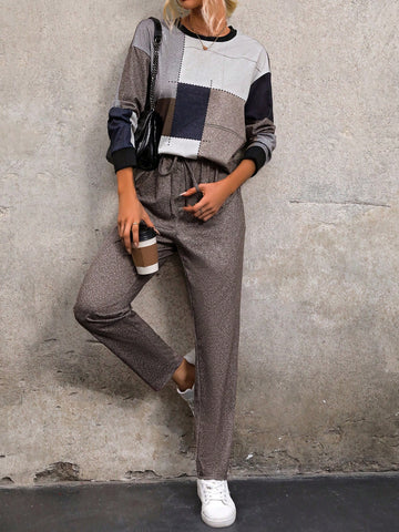 2pcs/set Drop Shoulder T-shirt And Long Pants Outfit